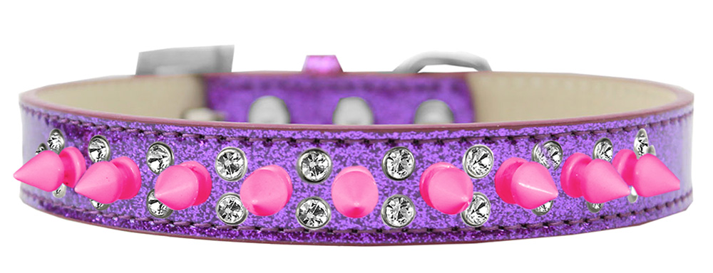 Double Crystal and Bright Pink Spikes Dog Collar Purple Ice Cream Size 16